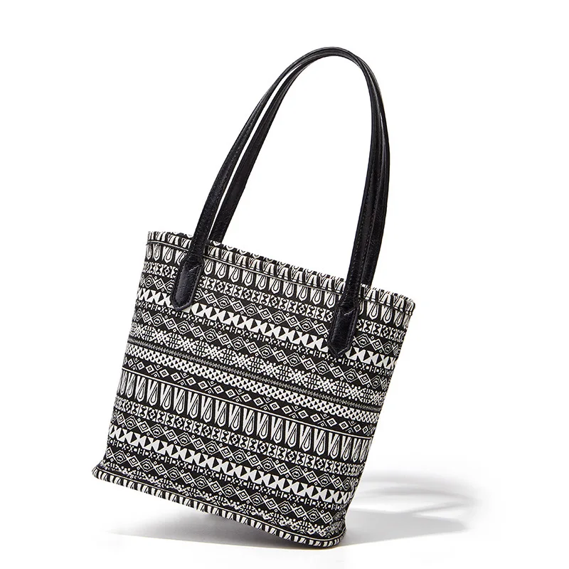

Summer New Style Tote Vintage Print Canvas Beach Bag Ladies Hand bags With Leather Handle Bags Women Handbags, Black, khaki