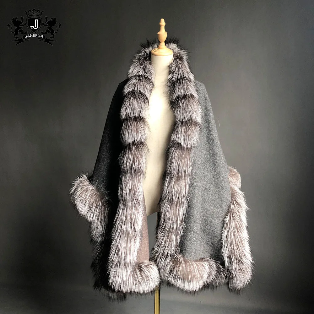 
2019 High Quality Real Cashmere Cape Scarves Shawl Women With Fox Fur Trim 