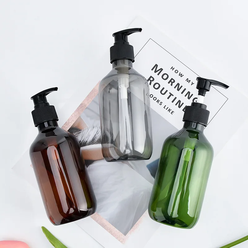 

Hot selling empty 300ml 500ml PET liquid soap plastic green amber grey lotion pump bottles