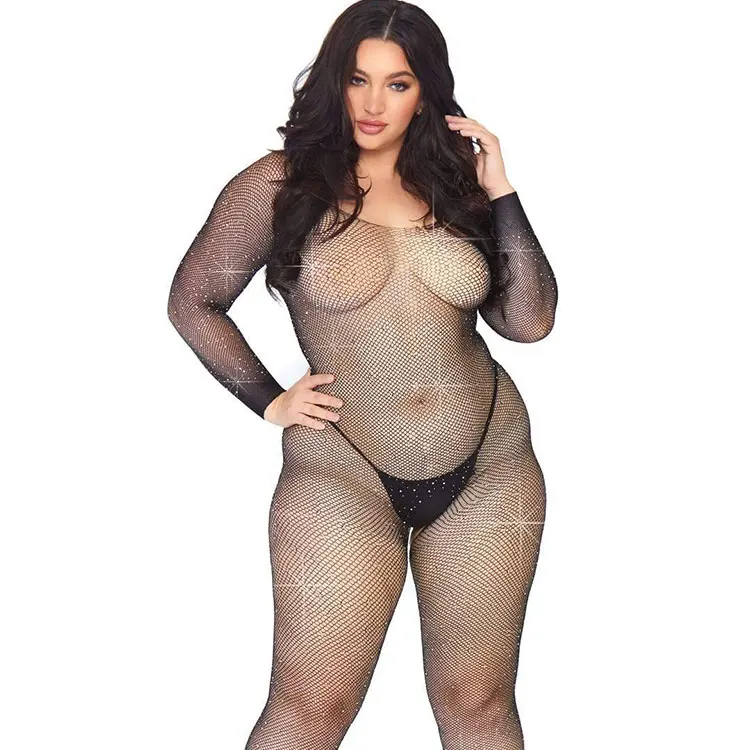 

Big Size Black Rhinestone Fishnet Long Sleeve Crotchless Bodystocking