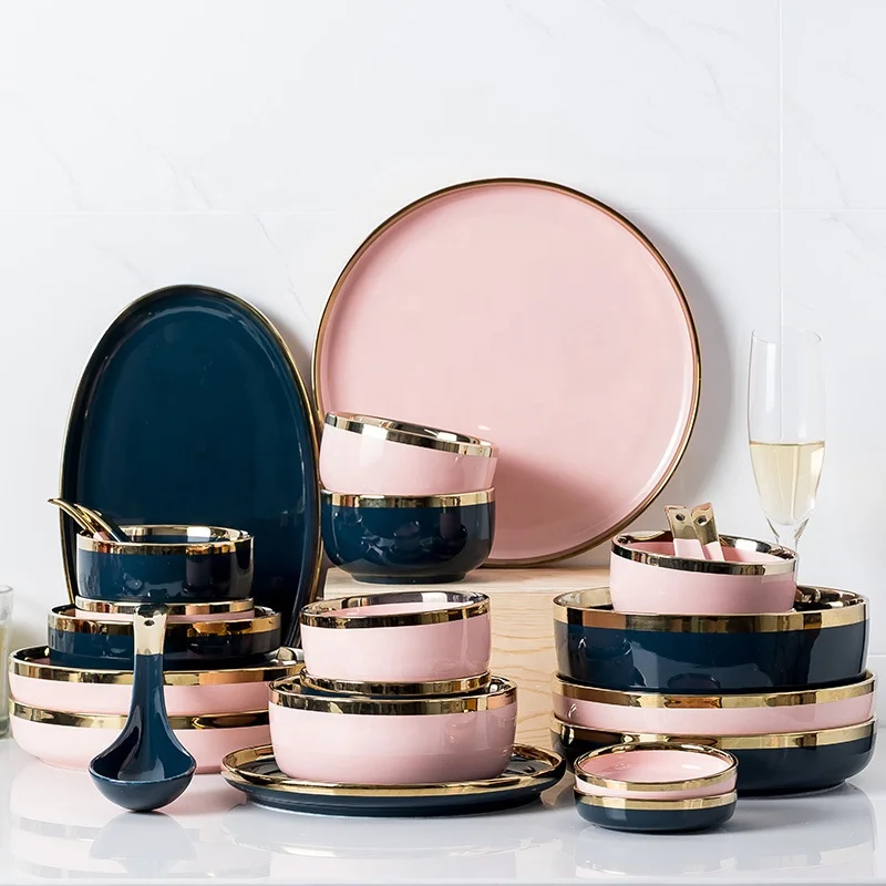

European Style Luxury Gold Border Design Ceramic Dinnerware Sets, Navy blue and pink