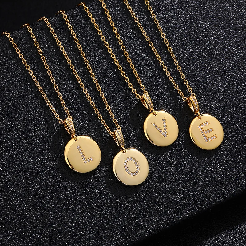 

Modern Fashion European 26 English Letters Necklace Copper Inlaid Cubic Zircon Vacuum Plating Stainless Steel Chain Necklace