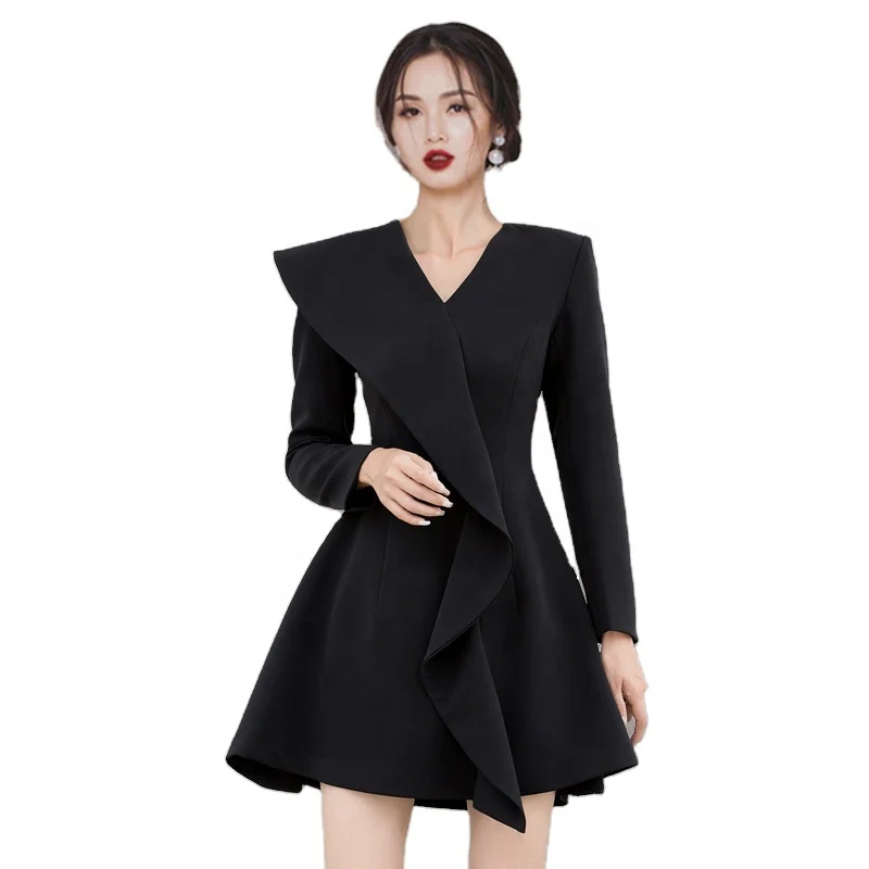 

Wholesale Sexy V-neck Ruffles Long Sleeve A-line Jacket Office Workwear Casual Ladies Mini Dress, Customized color