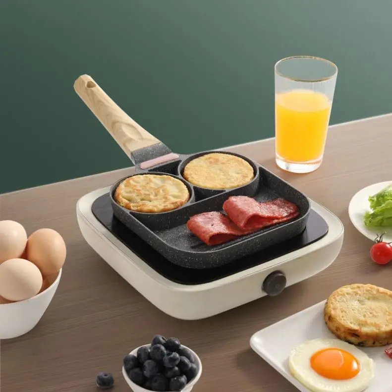 

Two Hole 3 in 1 Frying Egg Pan Bacon Steak Grill Pan Non Stick Cast Iron Omelette Pancake Maker for Breakfast Wooden Handle