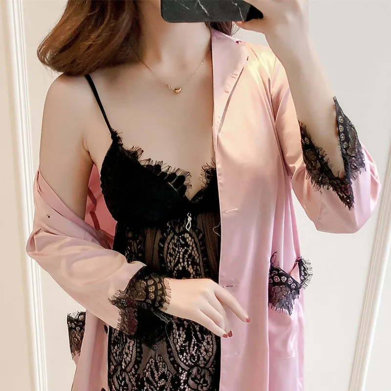 

Free shipping 3pcs/set long-sleeves sexy lace nightgowns sweet nightwear fashion Emulation silk pajamas high quality nighty, White pink