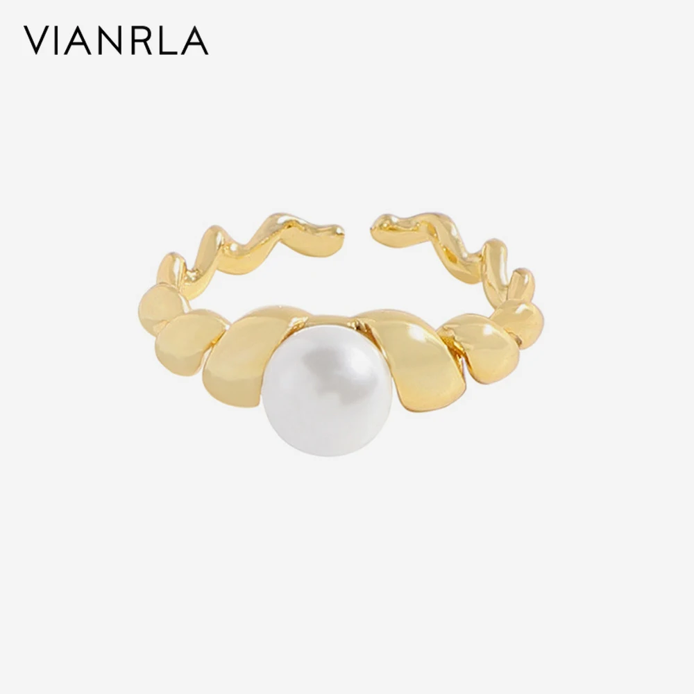 

VIANRLA 925 Sterling Silver Pearl Croissant Adjustable Opening Ring Unique Design Ribbon Shape Women Fashion Jewelry Gift