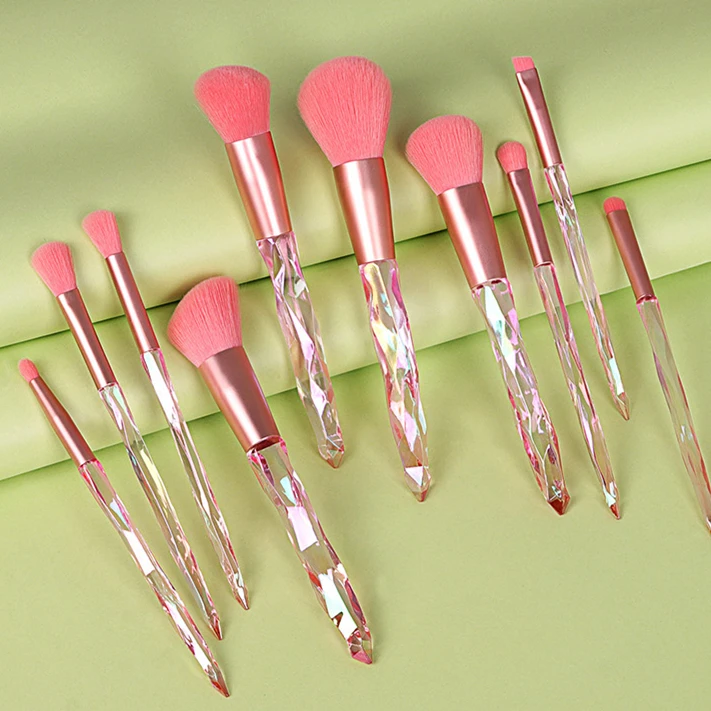 

10PCS Plastic Handle Custom Logo Transparent Glitter Pink Diamond Makeup Brush, Customized color