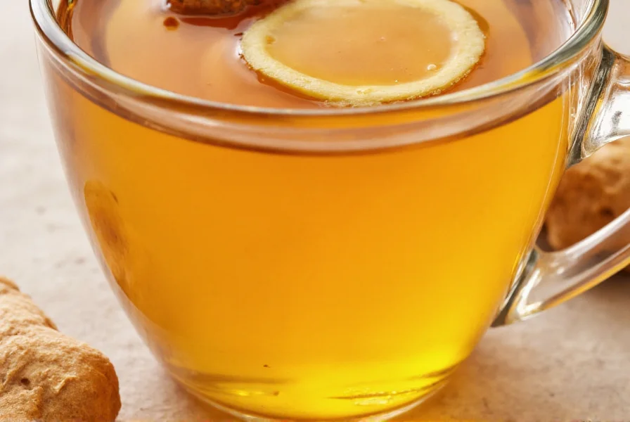 Close-up of golden ginger tea with honey in a ceramic mug, fresh ginger slices and honey drizzle visible