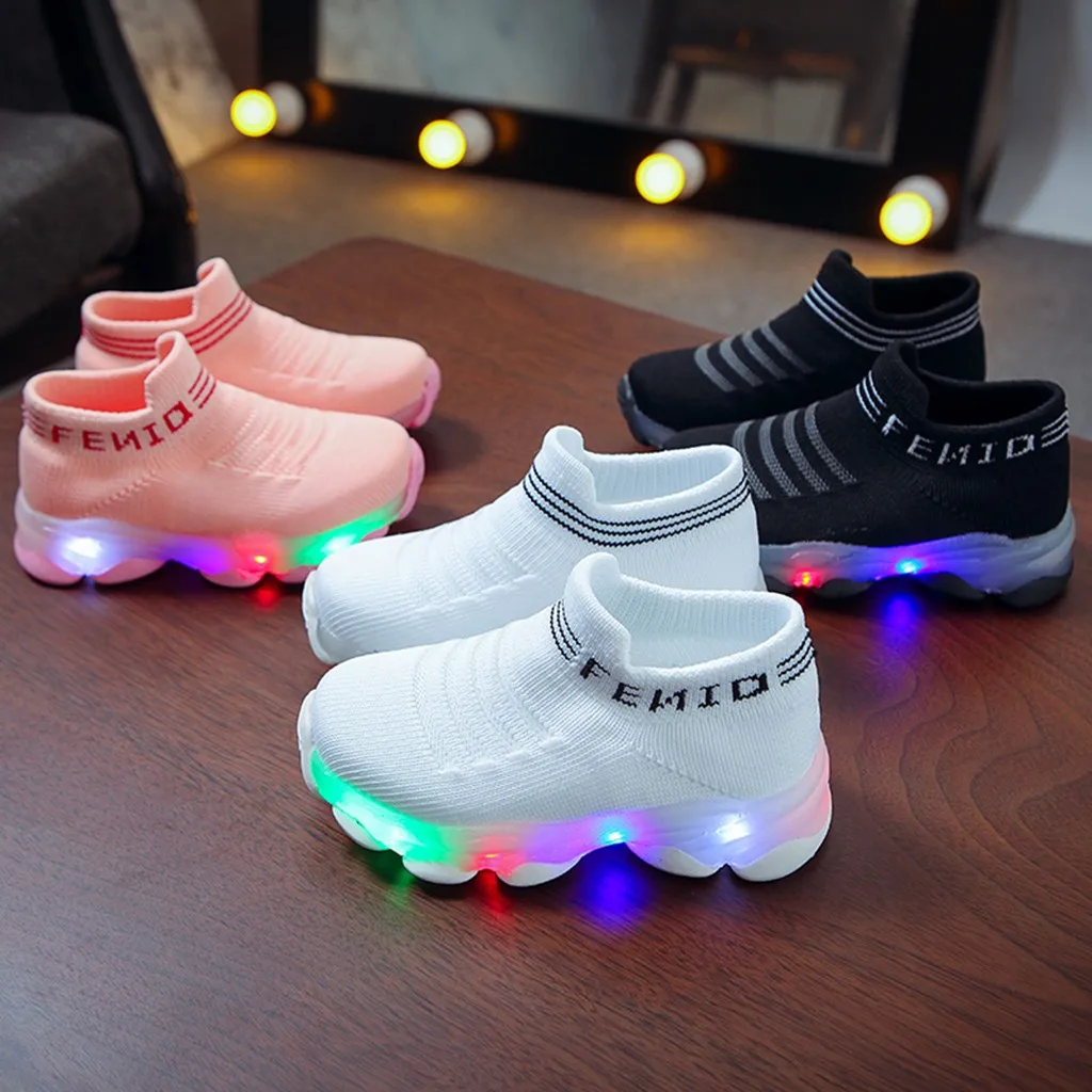 

Children's sports shoes children baby girl boy letter mesh Led luminous socks sports running light shoes, As pictures