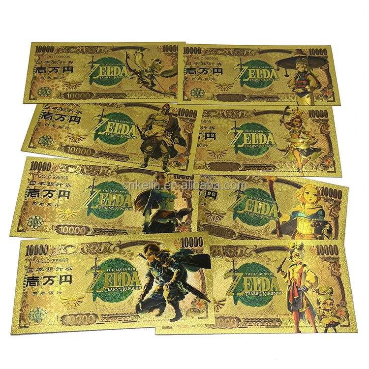 

New 8 designs Japan Anime game card Zelda 10000 yen bills 24k gold plated foil banknote with custom design