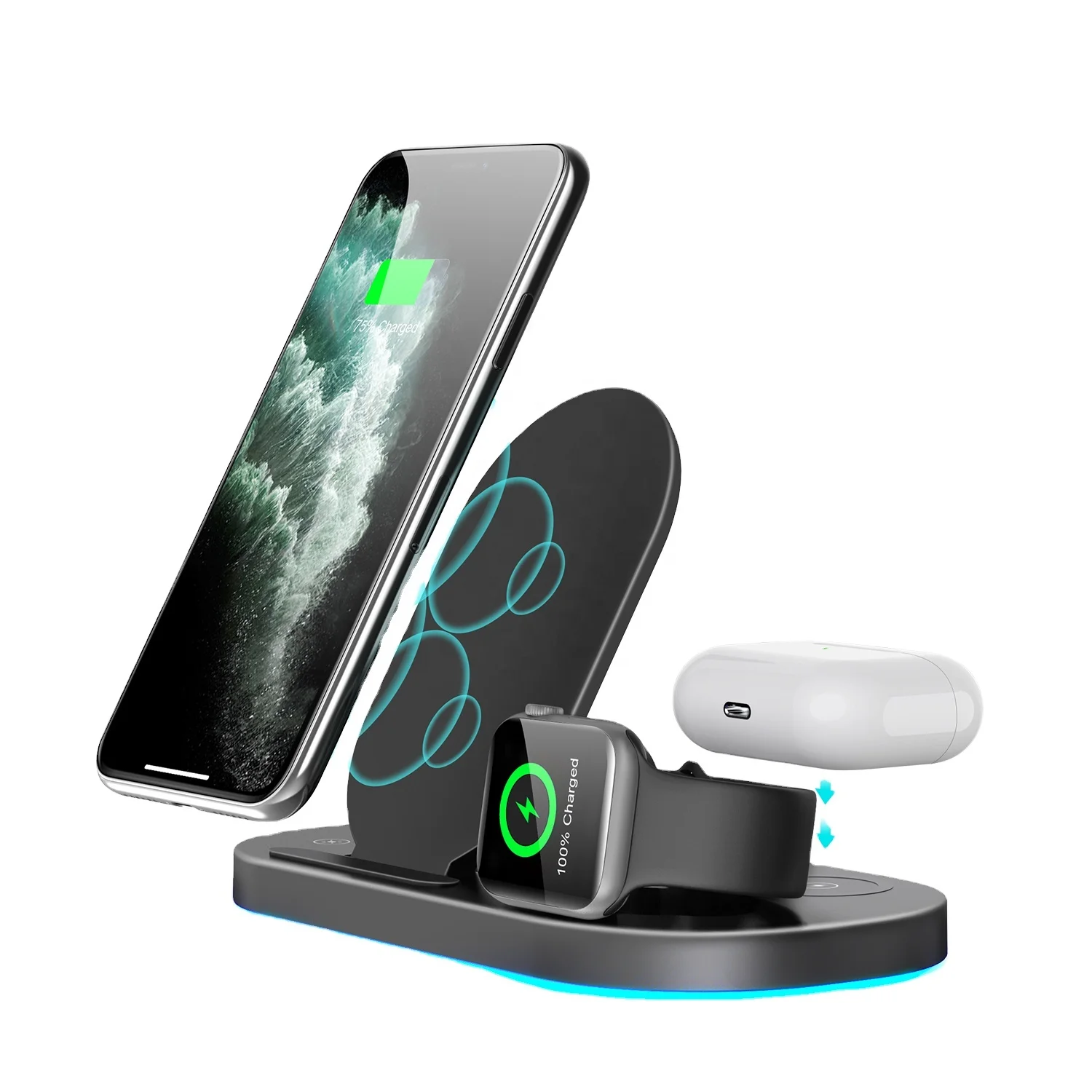 

LED display 3 in 1 Folding Wireless Charging Station Dock For Samsung iPhone 13 12 Max Pro For AirPods iWatch, Black / white