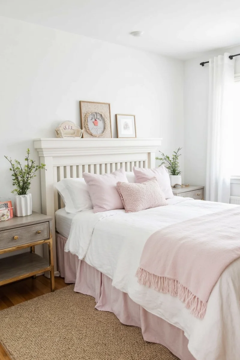 Stylish farmhouse bedroom with layered textiles and playful elements