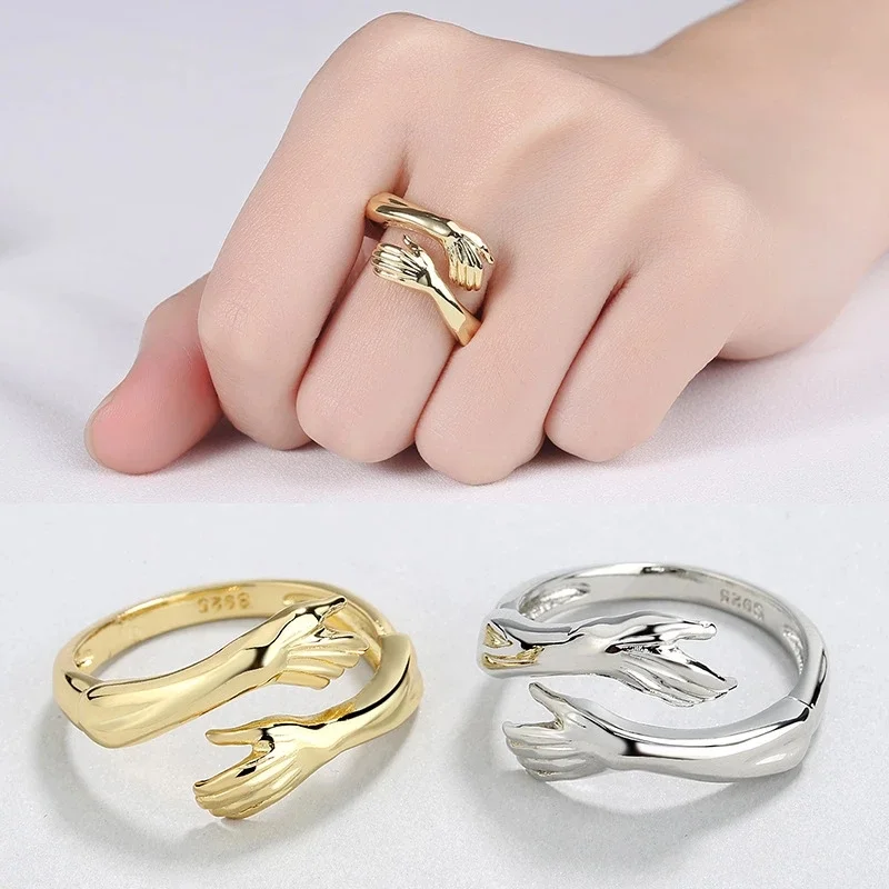 

Vintage Romantic Couple Opening Rings Love Forever Adjustable Hand Hug Ring For Women Men Fashion Aesthetic Jewelry, Sliver/gold