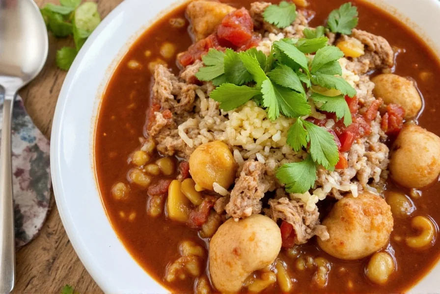 Bowl of steaming hot pork posole with garnishes