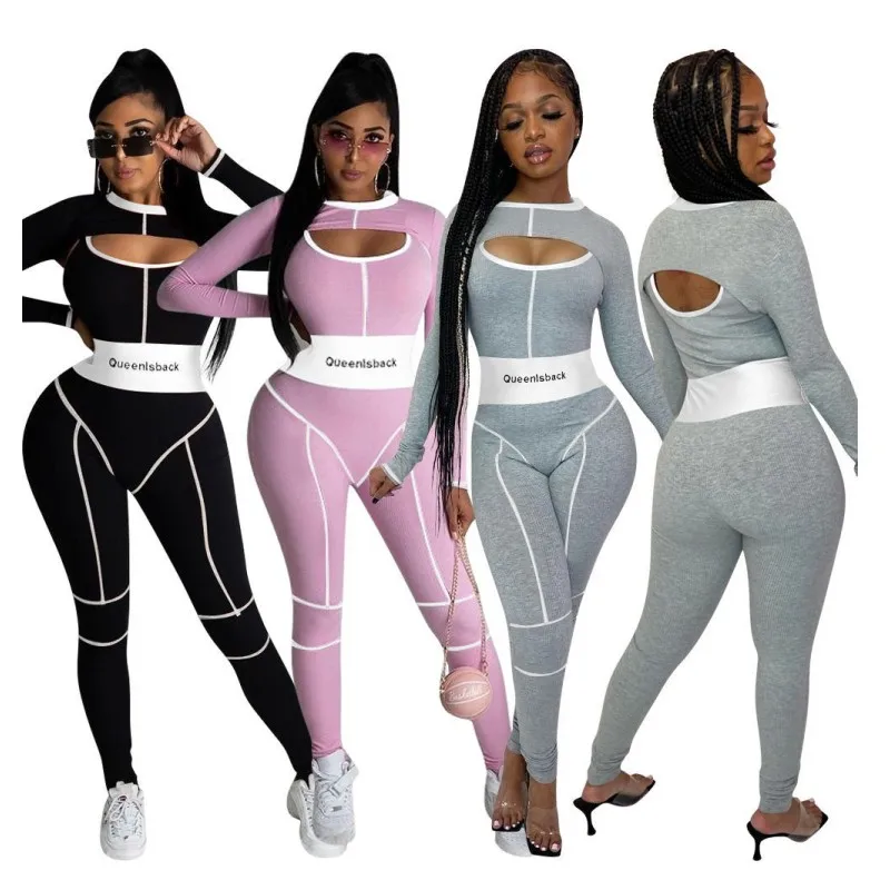 

2 Two Piece Sets Women Outfits Activewear Fitness Crop Top Leggings Matching Set Embroidery Tracksuit 2021 B1021