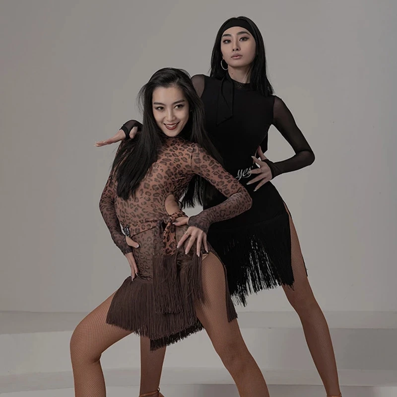 

Fashion Stage dance Latin Dance Clothes Women dancer Sexy Leopard/Black Fringe Dress Professional Latin Competition Costume