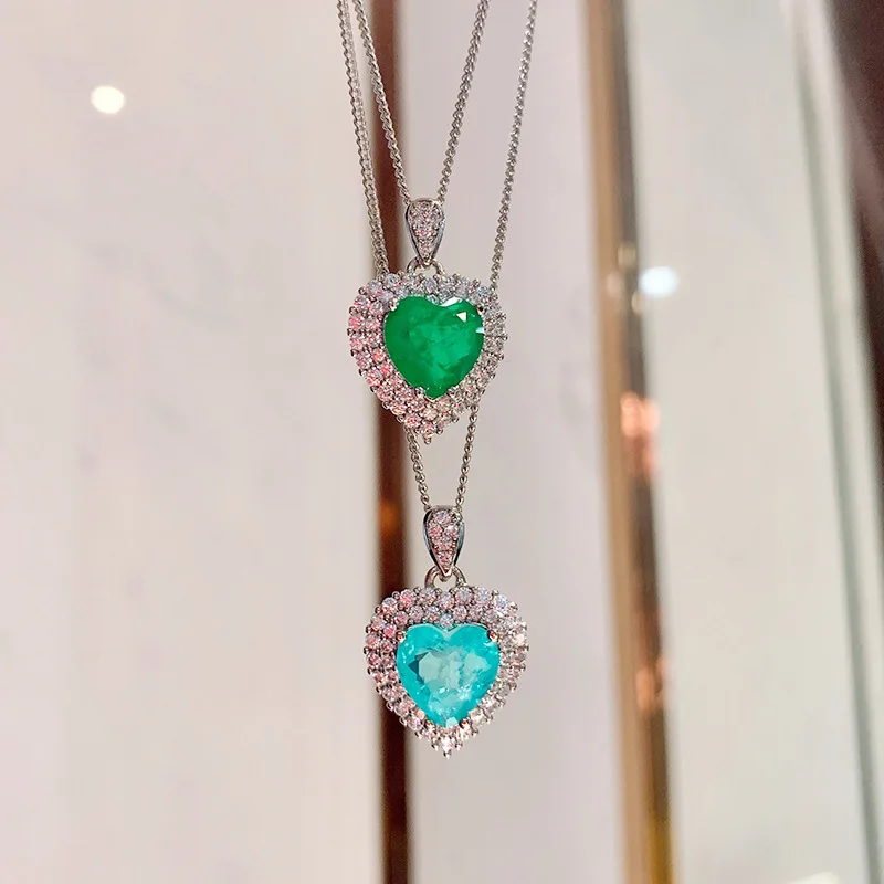 

Luxury Big Heart Natural Blue Paraiba Tourmaline Necklace High Quality Green Emerald Zircon Heart Pendant Necklace