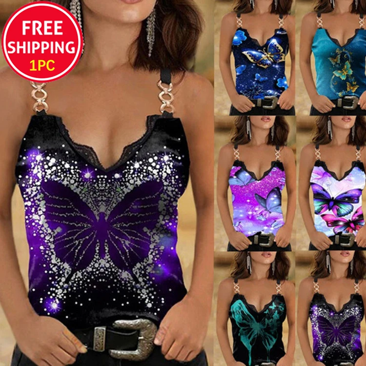 

Summer Casual Womens Sexy Tank Top Butterfly Print Sleeveless Lace V Neck Tanks Top S-5XL