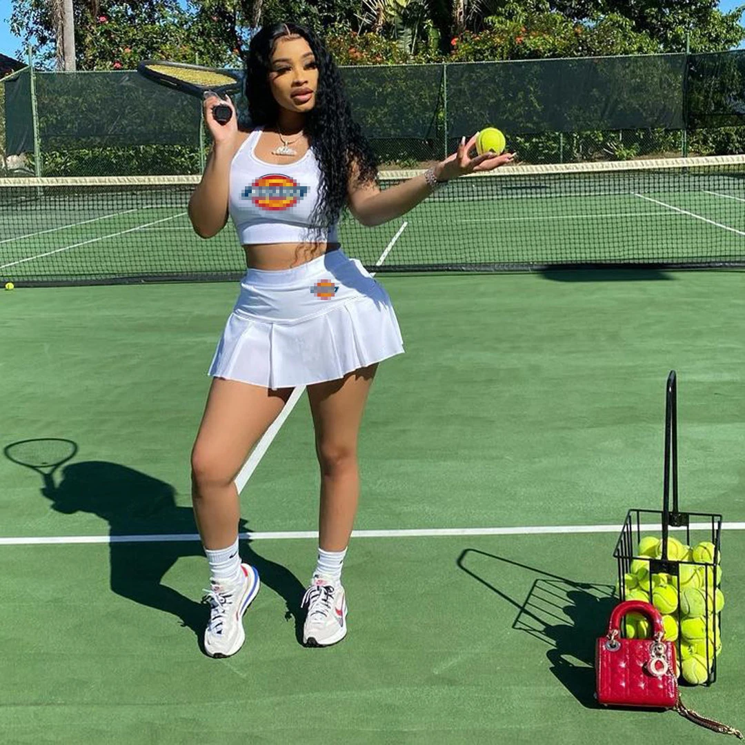 

fashion brand logo sleeveless two pieces set women suit dickie skirt