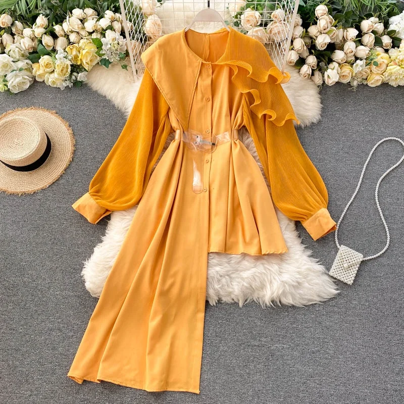 

High End Irregular Shirt Women Lantern Sleeve Pleated Ruffled Stitching Large Lapel Temperament Ladies Top