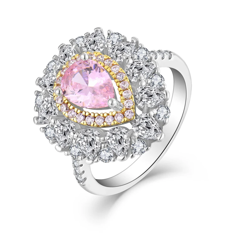 

Good Selling Flower Shape Gemstone Stone 925 Silver Big Woman Luxury Zircon Jewelry Chunky Fashion Pink Crystal Ring