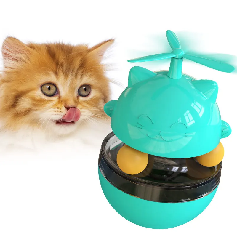 

Cat Toy Interactive Cat Tumbler Toy Ball Pet Treat Leaking Toy with Dual Rolling Balls & Teasing Wand for Kitten Puppy Exercise, Yellow/ lake blue/green/rose red/the blue