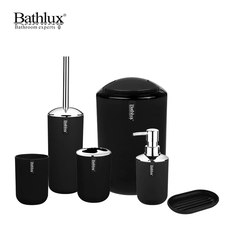 

Bathlux Black Bathroom Accessory Sets Home Hotel Bathroom Plastic Trash Can 6 pcs Bathroom Accessories