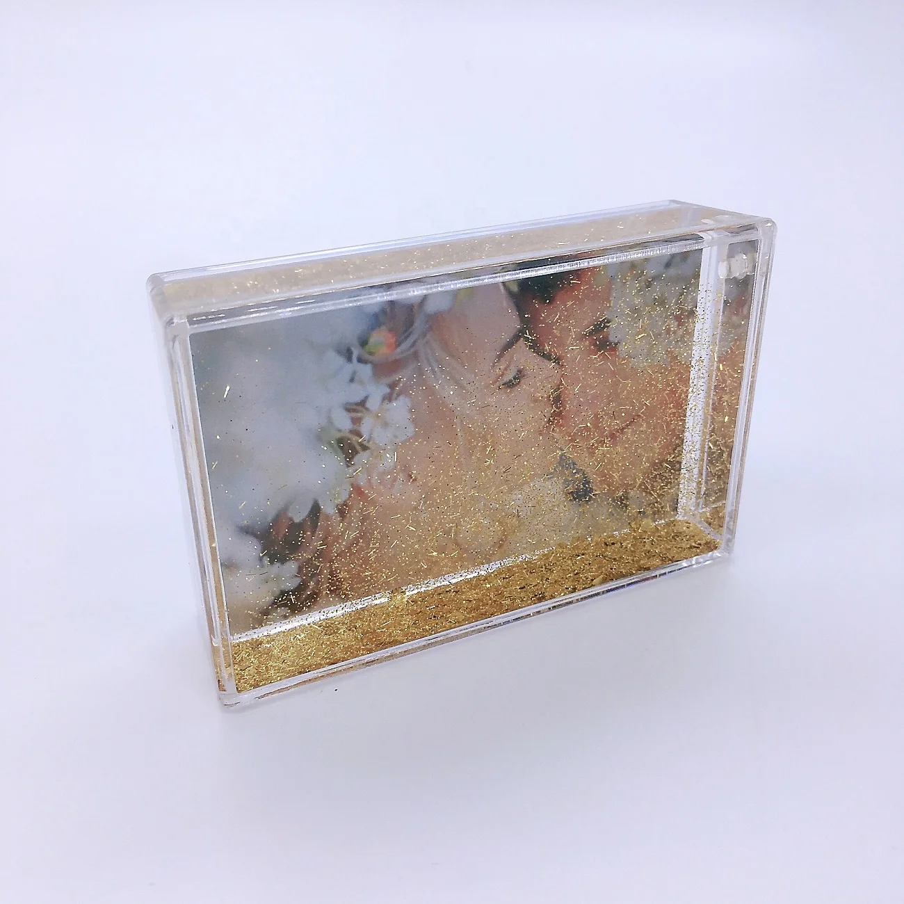 

Gold glitter picture frames acrylic liquid water gifts shinny glitter plastic snow ball photo frame