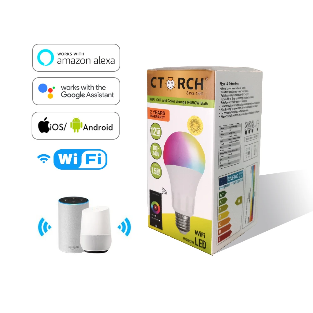 CTORCH B22 E27 9W Rgb+White  Light Wifi  Led Smart Bulb With Alexa/Google Home