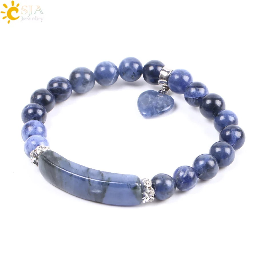 

CSJA handmade 8mm natural sodalite blue white semi-precious beads heart charm bracelets jewelry men women F109