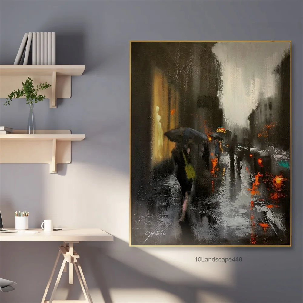 

Modern Home Decor Hand Painted Picture Knife Painting City Landscape Canvas Big City Oil Painting