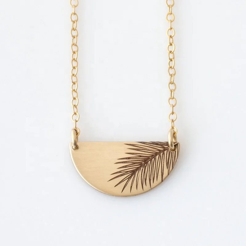 Tropical Jewelry Custom Engraved Palm Pendant Half Circle Crescent Moon Necklace