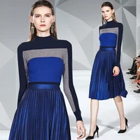 

Fall street style two piece set women clothing latest fashion elegant slim crew neck long sleeve tops with velvet pleated skirt