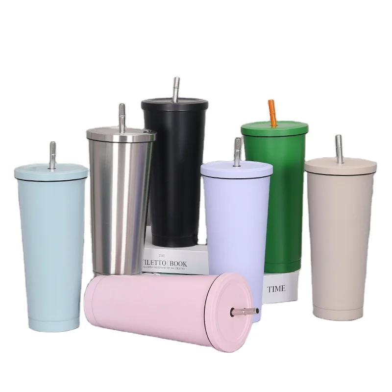 

25oz/750ml Tumbler 304 Stainless Steel Double-walled Large Capacity Vacuum Coffee Juice Cup with Straw, Natural color/light purple/pink/black/gray/green/light green