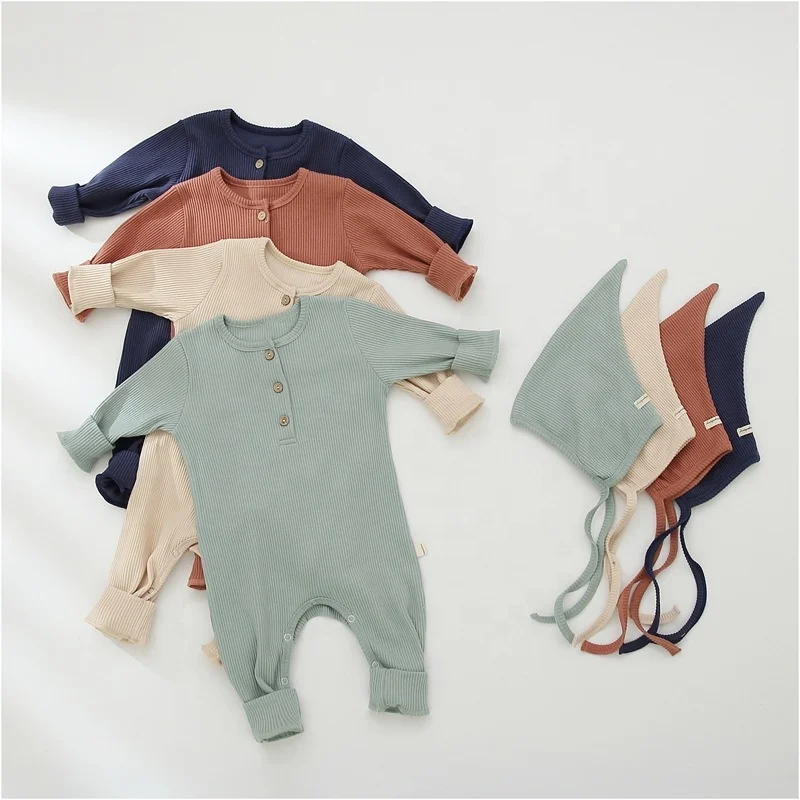 

Autumn 2 Piece Ribbed Romper Hat Set 100% Organic Cotton Rib Knit Jumpsuit Bonnet, Navy,sage,dusty rose, ivory or custom