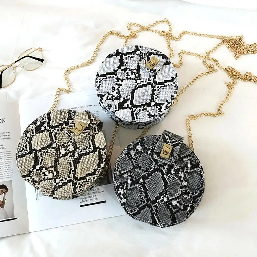

Snake Skin Printed Messenger Bag Hot Fashion Women Round Handbag PU Shoulder Women Satchel Tote Purse Bags, Multi color