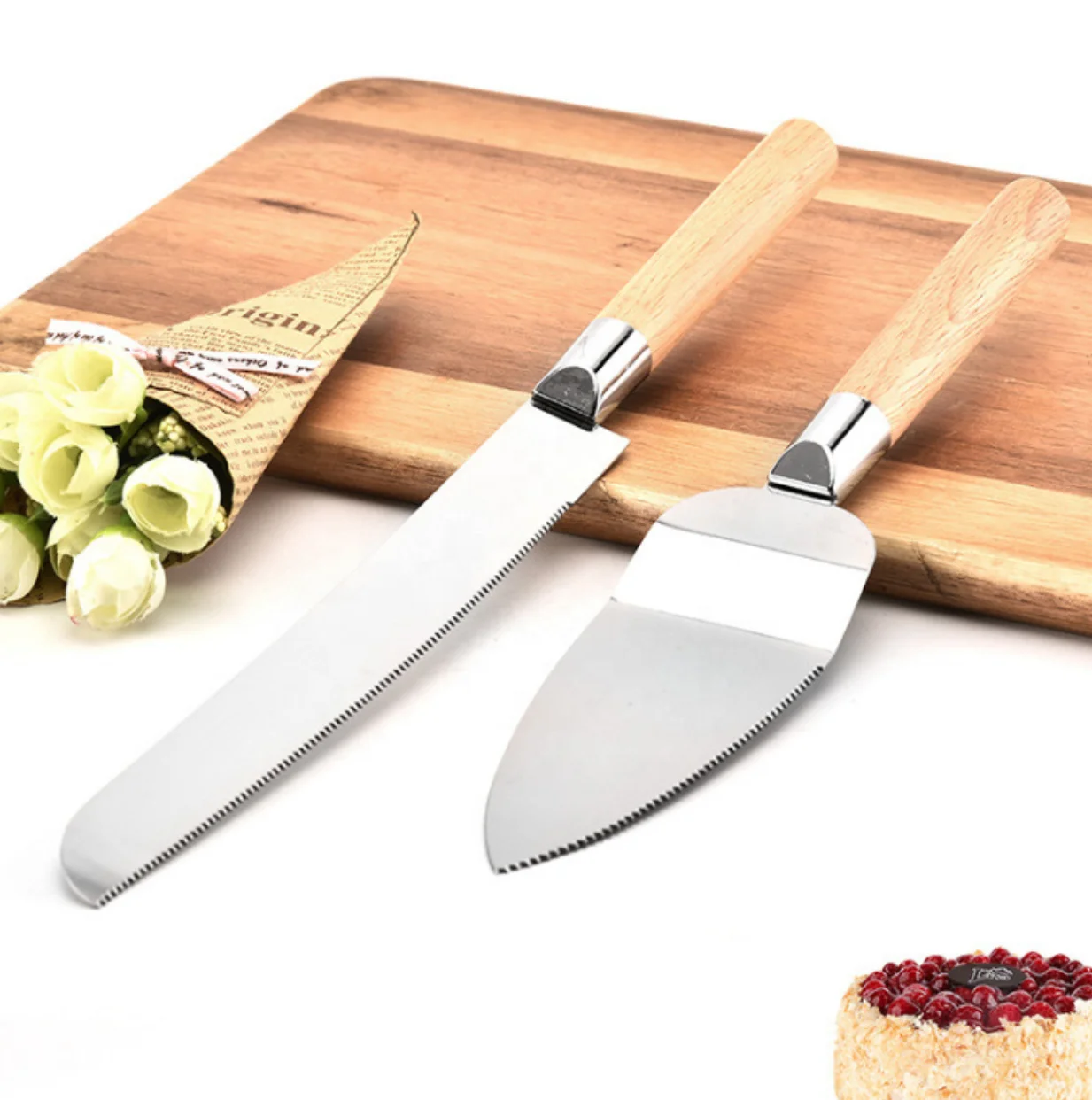 

2 Pieces Baking Tools Set Stainless Steel Bread Knife Cake Server Set With Rubber Wood Handle, Sliver