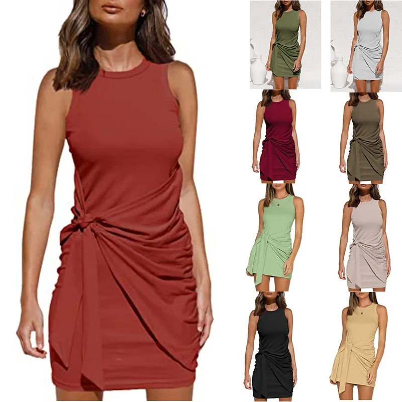 

Wholesale latest design Sleeveless casual dress ruffled bow belt round neck women solid color dresses