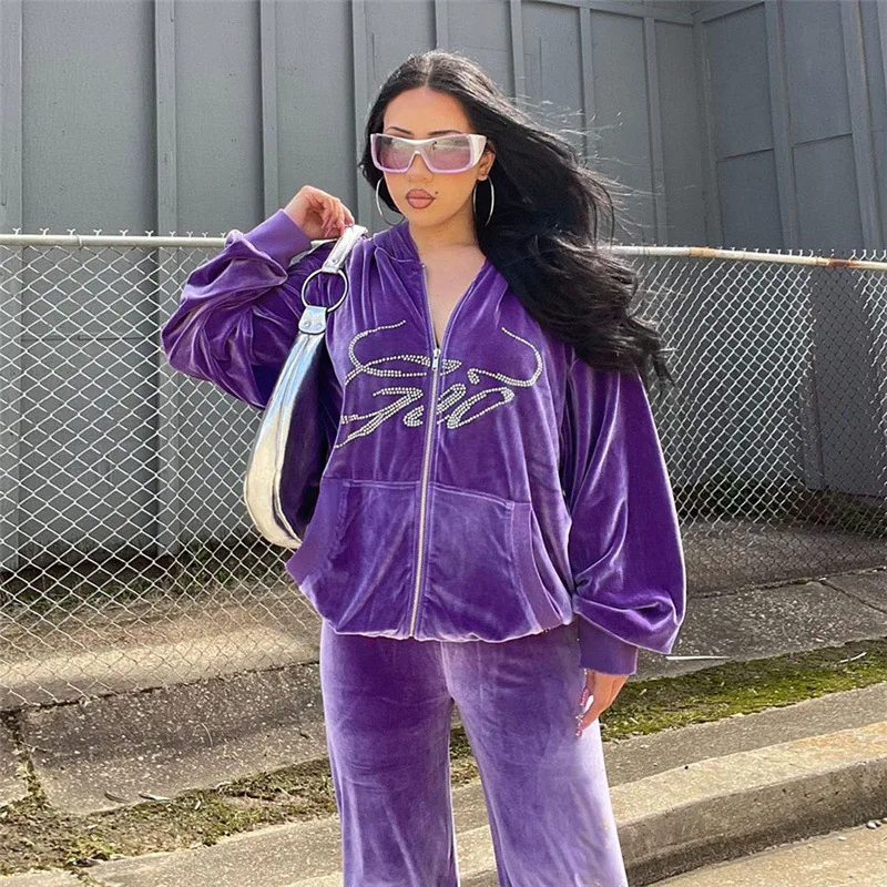 

V001 fall 2021 women clothes zipper diamond hoodie sweater velvet 2 piece set velour tracksuits for women