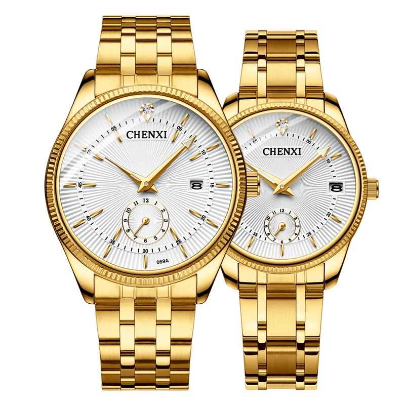 

Hot 069 CHENXI All Gold Couple Watch Fashion Simple And Beautiful Calendar Quartz Watch, 3-colors