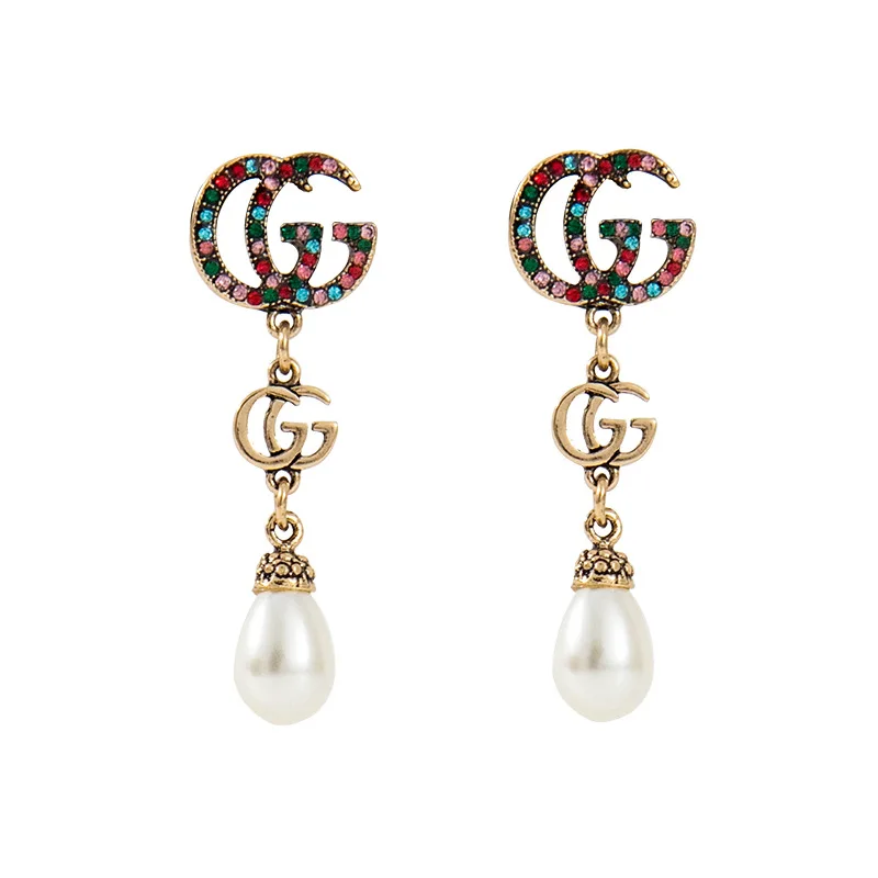 

Fashion Luxury Brand Earrings Double Letter G Multicolor Crystal Pearl Earrings for Women Gold Plated Jewelry, Picture