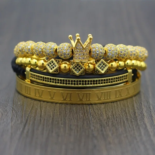 

Luxury Handmade Jewelry 4Pcs/Set Zircon Crown Bracelet 8mm CZ Balls Charm Roman Numerals Bracelet, Gold, silver, black, rose gold