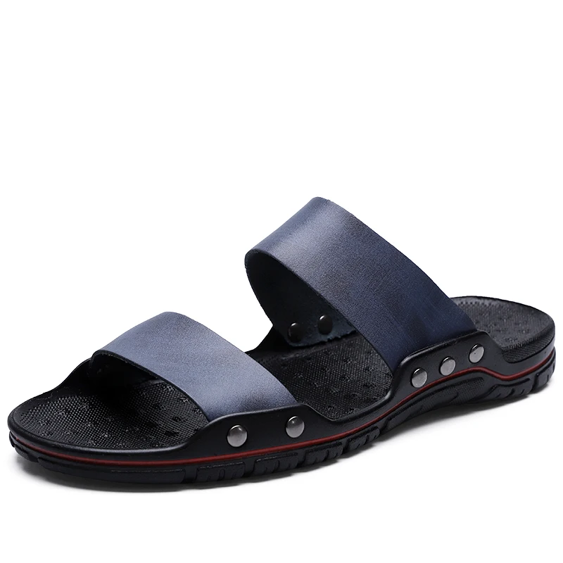 

New Style High Quality Custom Logo Summer Leather Anti-skid Casual Slipper Solid Sandals for Men, As picture