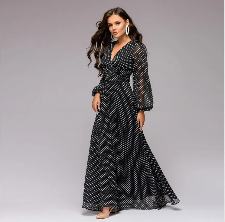 

Women's Long Skirt Hepburn Style Polka Dot Print Evening Dress Sexy Long Sleeve Chiffon Retro Dress, Shown