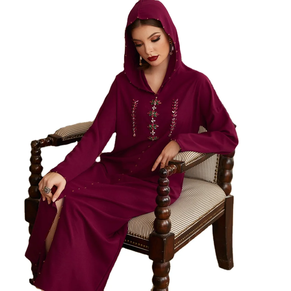 

Diamond Jewelry Moroccan Style Middle Eastern Hand Sewn Crystal Robe Abaya Muslim Women's Clothing Hooded Casual Robe