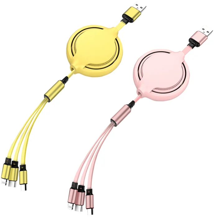 

3 in 1 Micro USB Type C Lighting For iPhone Huawei Durable Silicone Retractable usb charging, Black red green yellow purple
