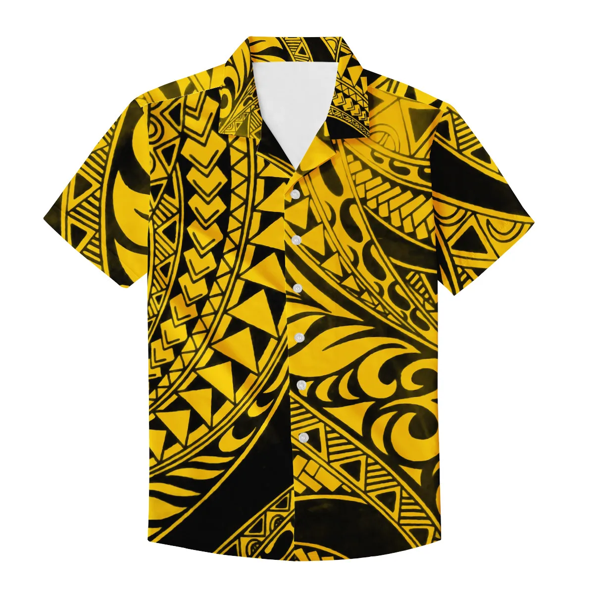 

Yellow large size Polynesian tribal design Cuban collar short sleeve men's regular shirt high quality button shirt for men, Customized colors