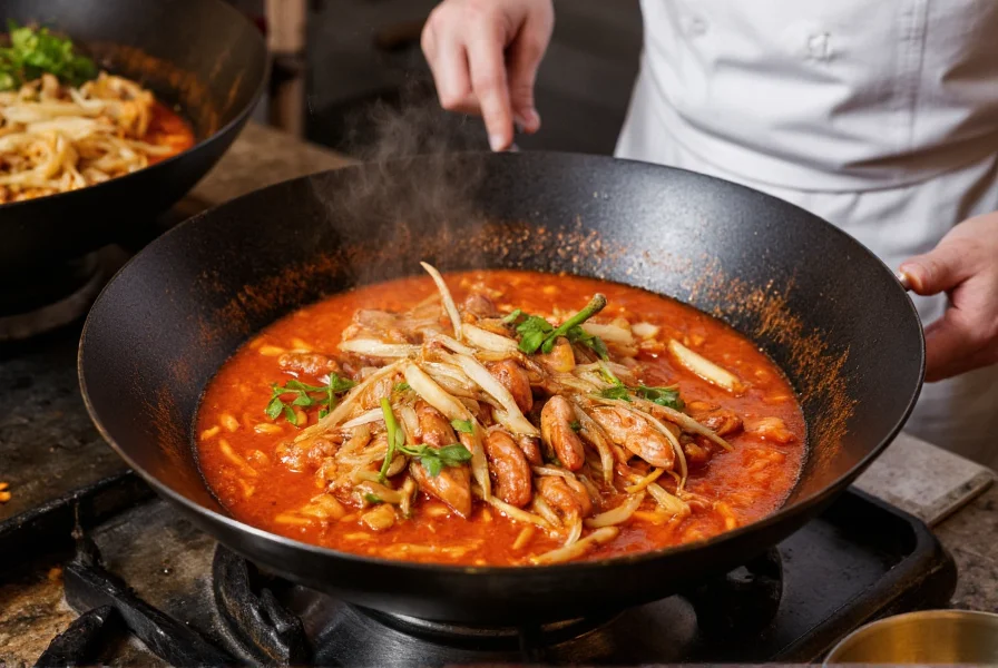Chef preparing Jueyun Chili's signature dry pot dish with traditional wok technique, showing vibrant red chili oil and fresh ingredients