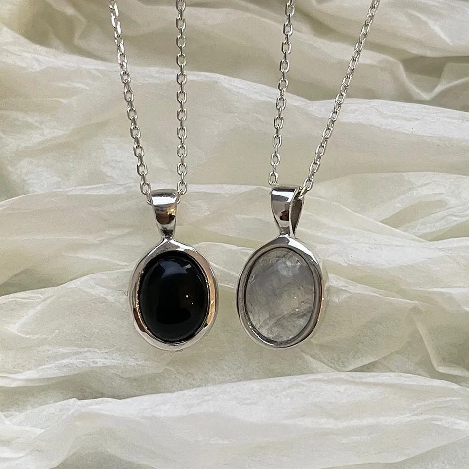 

2 Designs Oval Black Agate Onyx Necklace Clear Moonstone Circle Crystal Necklaces for Women Vintage Sterling Silver 925 Jewelry