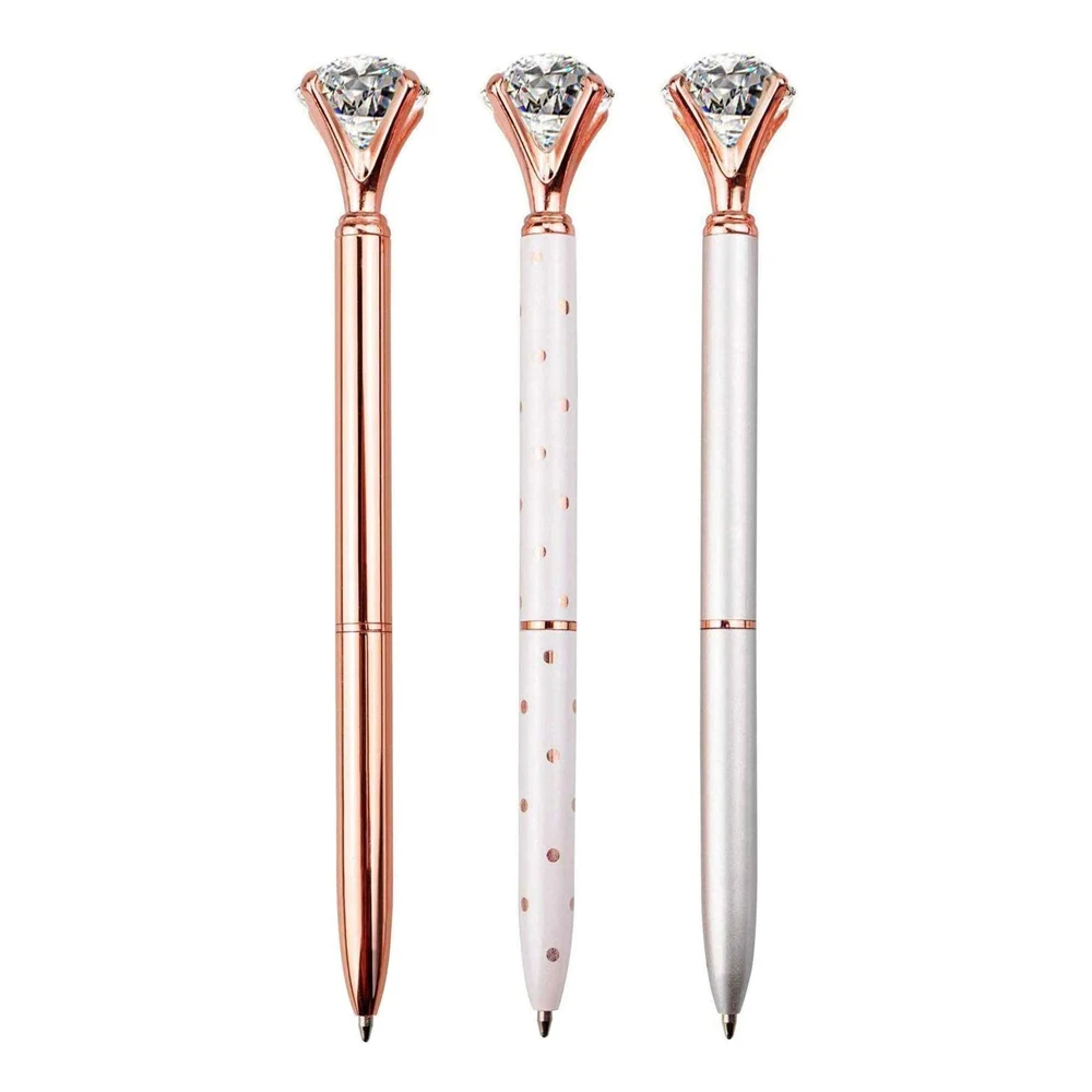 

Silver / White Rose Polka Dot / Rose Gold Bling Diamond Metal Ballpoint Pens with Large Crystal Diamond for Office and School